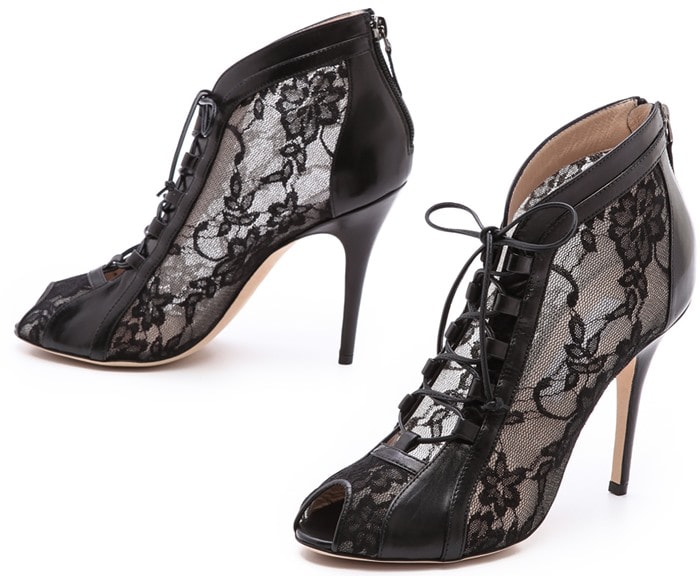 Monique Lhuillier Black Lace Up Booties