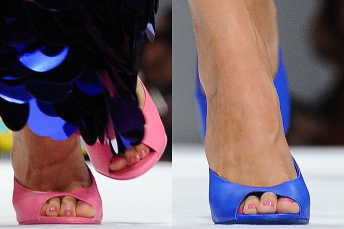 Close-up of the Barbie-inspired pink and blue mules from Moschino's Spring 2015 runway collection