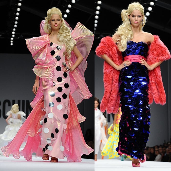 Two models showcase vibrant, Barbie-inspired gowns from Moschino's Spring 2015 collection