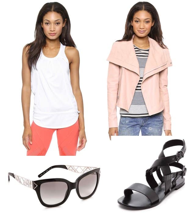 Adidas by Stella McCartney Chill Tank, VEDA Max Classic Leather Jacket, Sol Sana Avery Sandals, and Tory Burch Electric Chevron Sunglasses