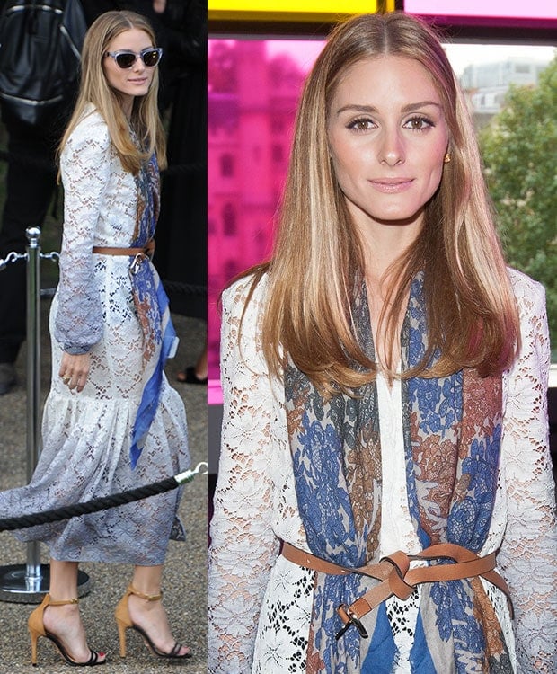 Olivia Palermo accessorized with a multicolored printed scarf and a brown leather belt that was tied into a knot