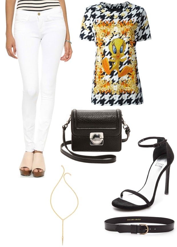 FRAME Forever Karlie skinny jeans combined with Philipp Plein Tweety T-shirt, Linea Pelle classic leather belt, Marc by Marc Jacobs cross-body bag, SunaharA Malibu spike necklace, and Stuart Weitzman Nudist sandals for a relaxed yet trendy appearance
