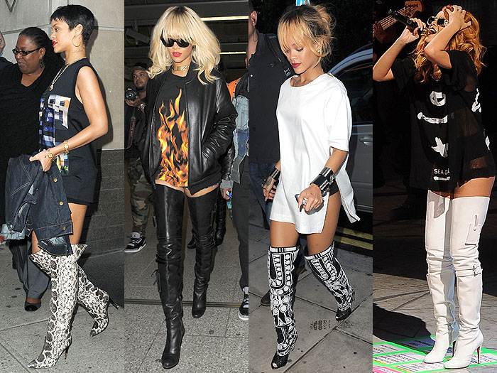 Rihanna wearing oversized t-shirts with thigh high boots