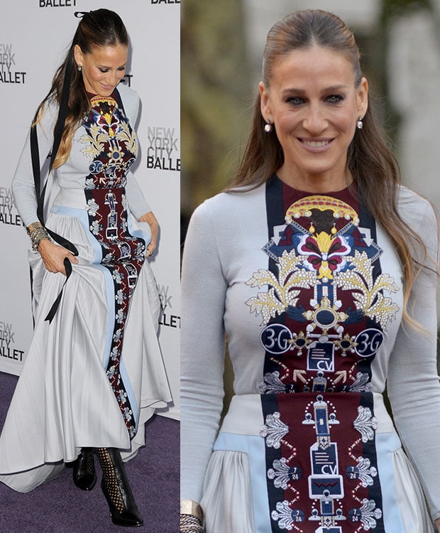 Sarah Jessica Parker's hair was simply done and tied with a long black ribbon in a half-up, half-down style