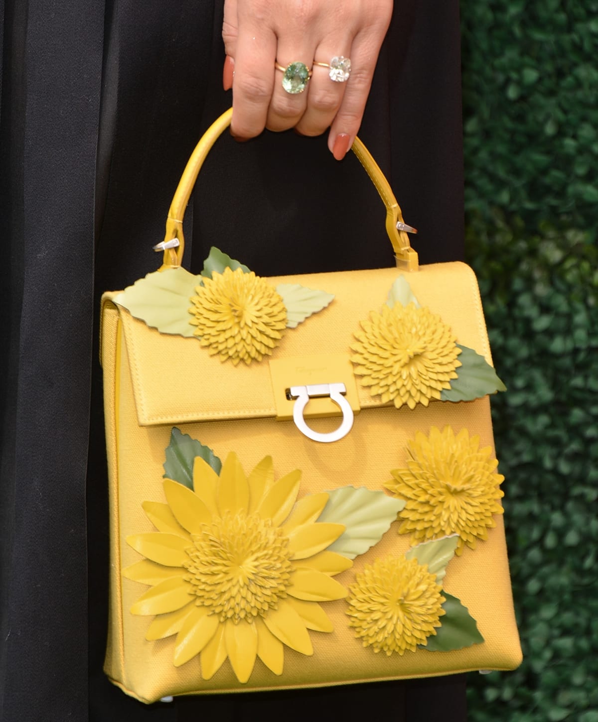 Sophia Bush shows off her Salvatore Ferragamo Sunflower bag and engagement ring