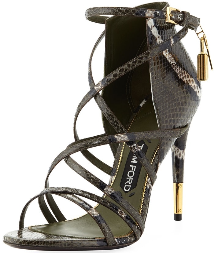 Tom Ford Green Padlock Ankle Wrap Snake Sandal Military