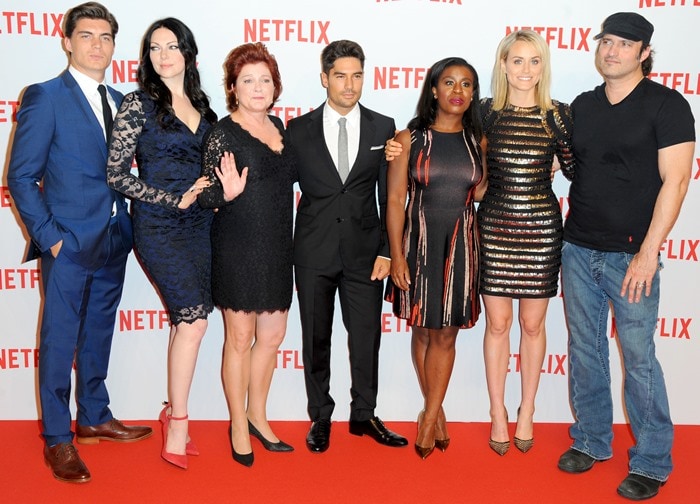 Zane Holtz, Laura Prepon, Kate Mulgrew, D.J. Cotrona, Uzo Aduba, Taylor Schilling, and Robert Rodriguez at the Netflix Launch Party held at the Komische Oper on Tuesday in Berlin, Germany, on September 16, 2014