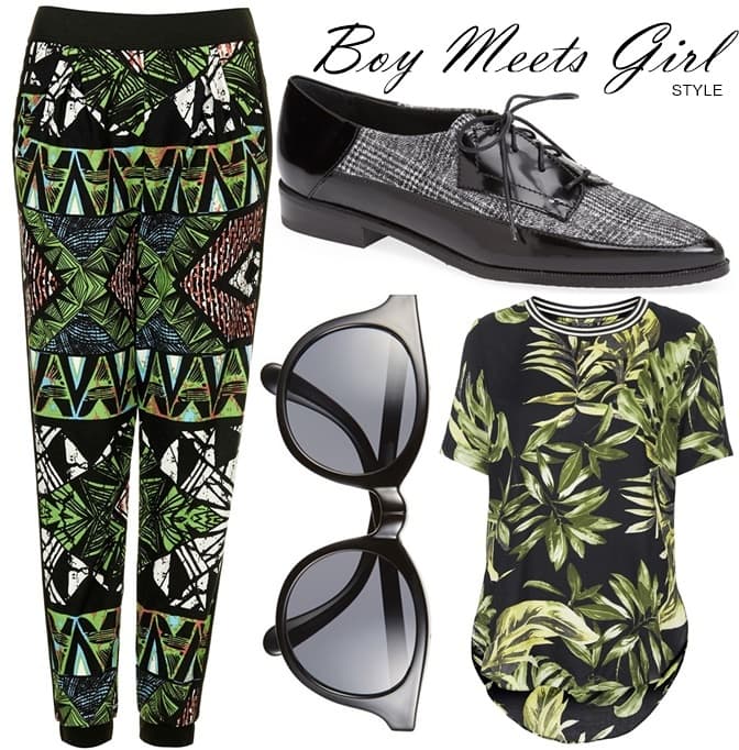 Topshop geo-print track pants, palm-leaf-print side zip tee and Sunpocket Samoa sunglasses and oxfords