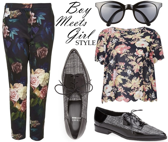 Rose-print cigarette pants with flower scallop tee and Sunpocket Samoa sunglasses and oxfords