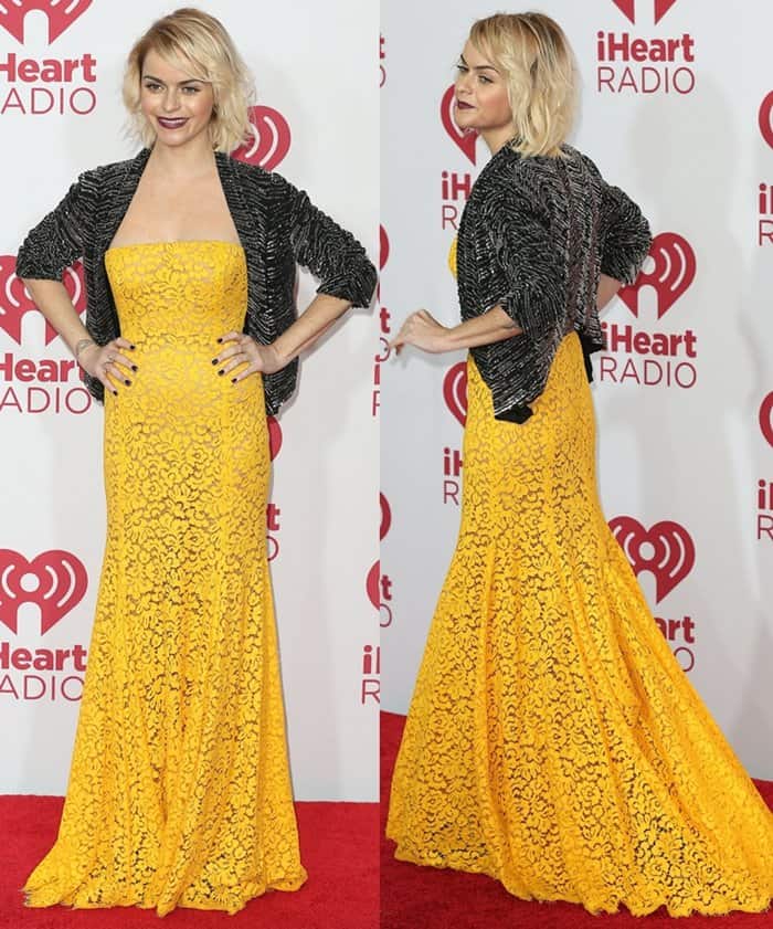 Taryn Manning’s floor-length yellow lace gown may have overwhelmed her petite frame, but her pointed-toe heels subtly peeked through to add a touch of elevation and polish to the bold ensemble