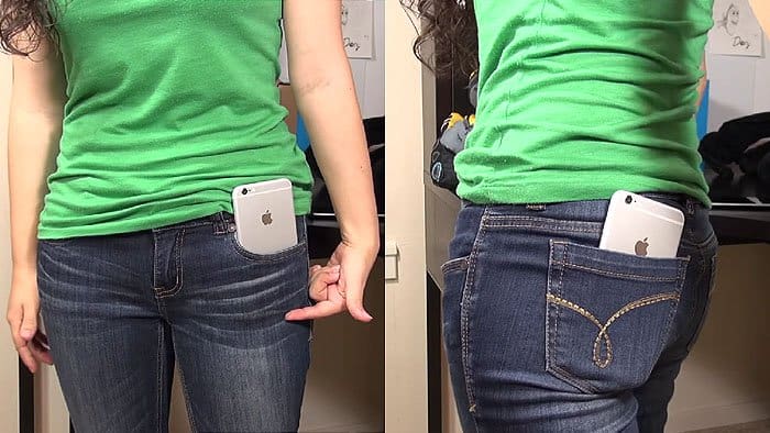 Erica Griffin doing the pocket test on the iPhone 6 Plus in her YouTube video review