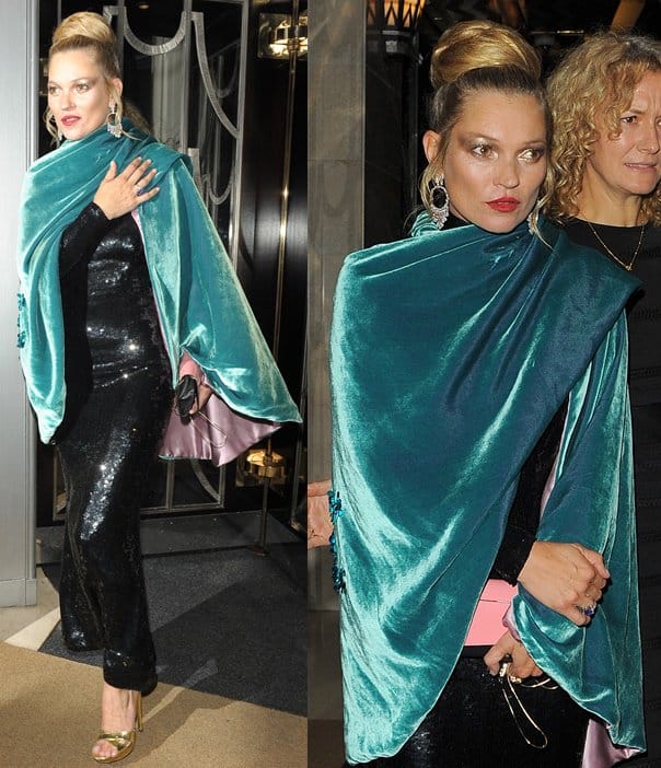 Kate Moss exudes vintage elegance in a long sequined dress paired with gold metallic sandals and a luxurious seafoam green velvet cape that adds a touch of shimmering glamour