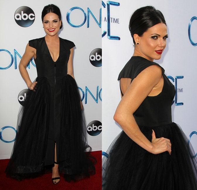 Lana Parrilla's long black dress detailed with a tulle overlay and a sexy cutout on the back