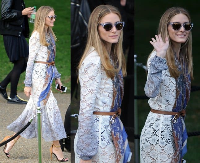Olivia Palermo chose a more romantic-looking frock done in dip-dyed white lace, and mixed the number with a printed blue neck warmer