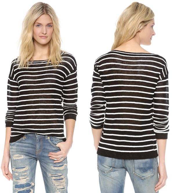 Dropped shoulder seams relax the fit of a boxy alice + olivia sweater, patterned with slim stripes