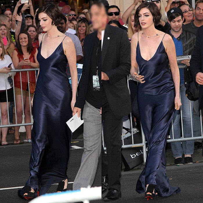 Anne Hathaway wearing Christian Louboutin fringe peep-toe sandals