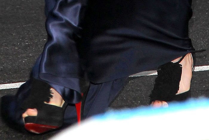 Christian Louboutin fringe peep-toe sandals on Anne Hathaway
