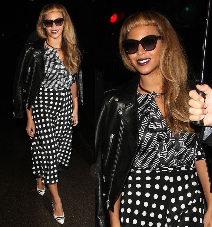 Beyonce dared to mix prints with a patterned ruffled blouse and a polka-dot skirt