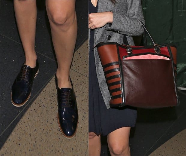 Emmy Rossum's handbag and AGL (Attilio Giusti Leombruni) patent oxfords