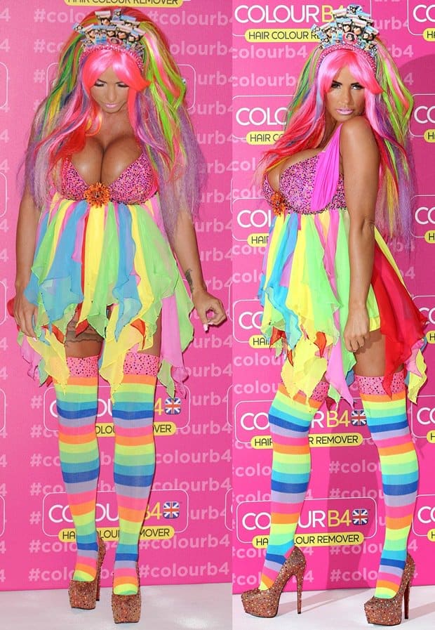 Katie Price's outfit at the ColourB4 launch looks like a rainbow exploded on a carnival costume