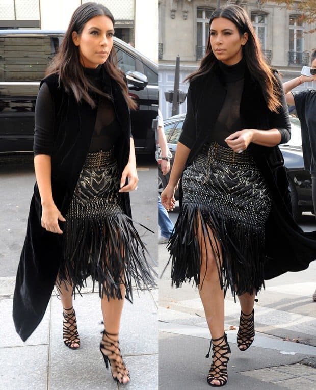 Kim Kardashian rocking a leather studded fringed skirt by Roberto Cavalli