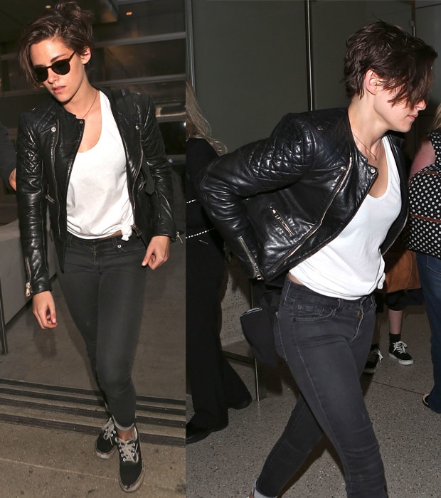 Kristen Stewart embraces androgynous style in a leather moto jacket and black pants