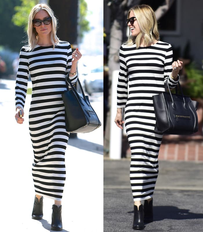 Kristin Cavallari made a bold statement in a black-and-white striped Bardot midi dress, pairing it with sleek black ankle boots and a classic Celine tote for a chic, monochrome look