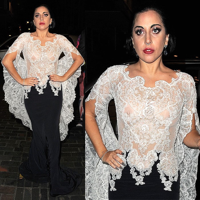 Lady Gaga's braless state is visible through her lacy gown