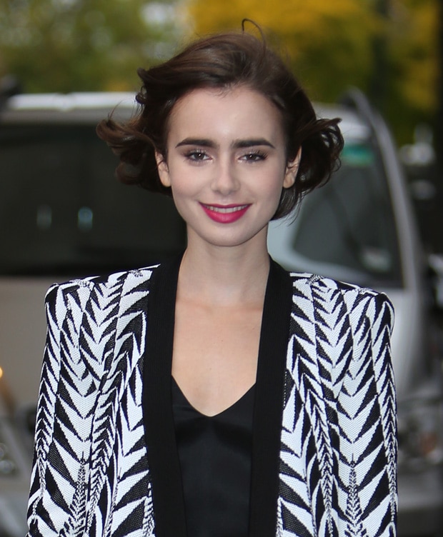 Lily Collins in a black and white Balmain Resort 2015 patterned jacket