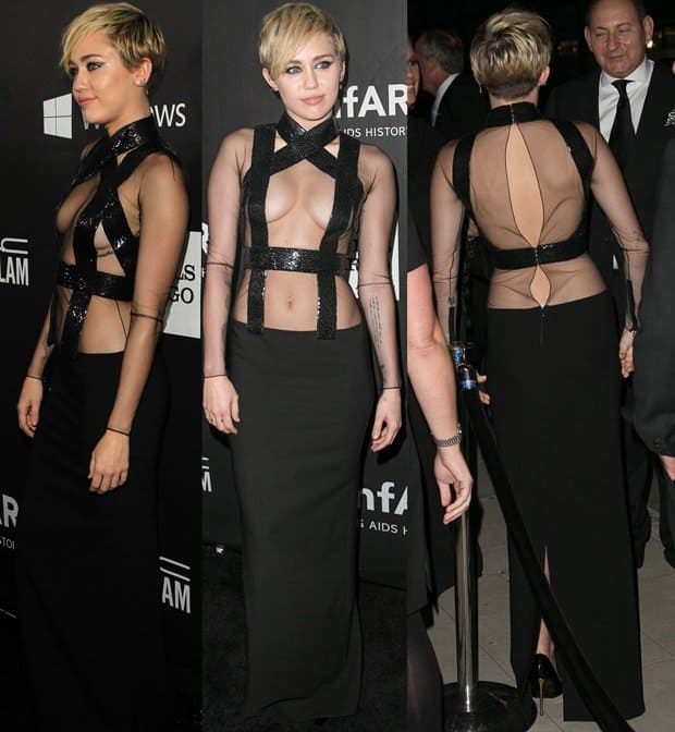 Miley shocked in a see-through top detailed with sequined bands