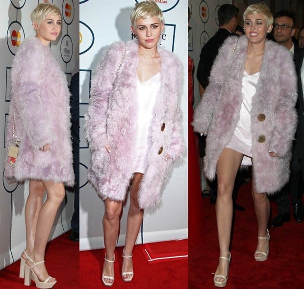 Miley Cyrus at the Pre-Grammy Gala looks like she borrowed her outfit from a cotton candy machine