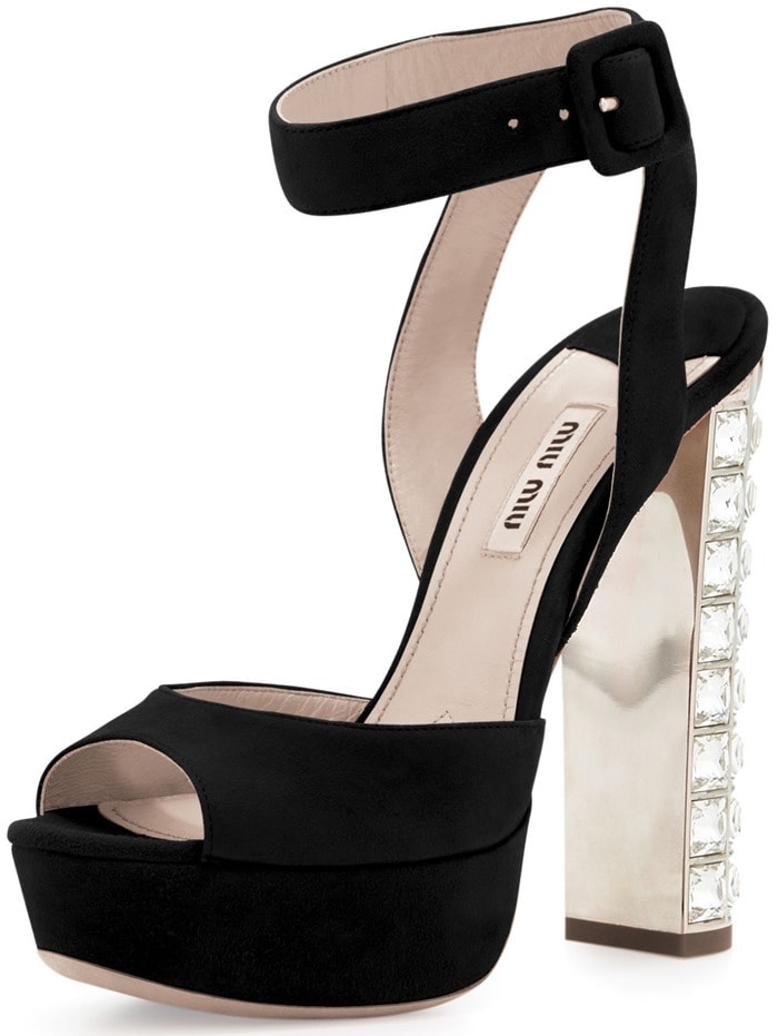 Miu Miu Suede Crystal-Heel Ankle-Wrap Sandals