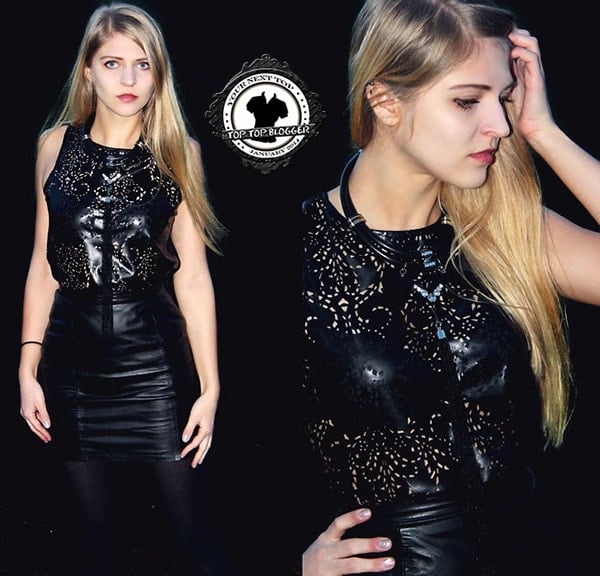 Nadja wears a top with laser-cut design all throughout