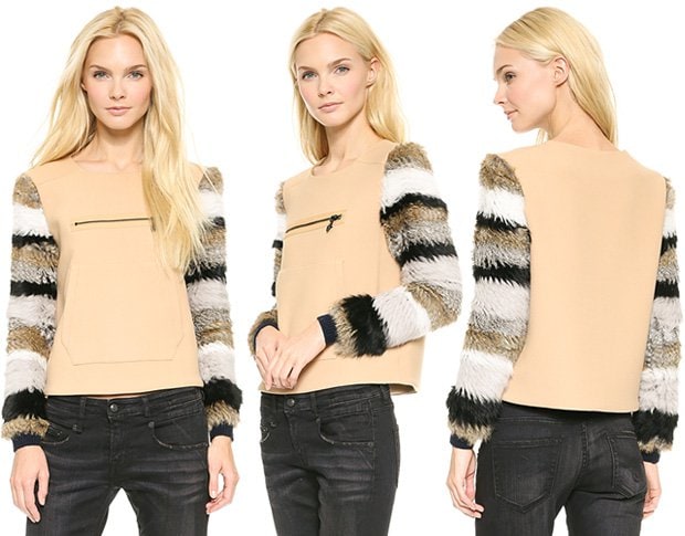 Layered front pockets and striped rabbit fur sleeves lend an avant-garde feel to a boxy twill nude pullover