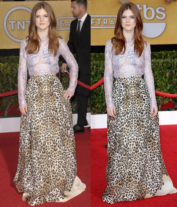 Rose Leslie wearing a leopard print skirt with a lilac lace blouse by Alice Temperley featuring applique flowers