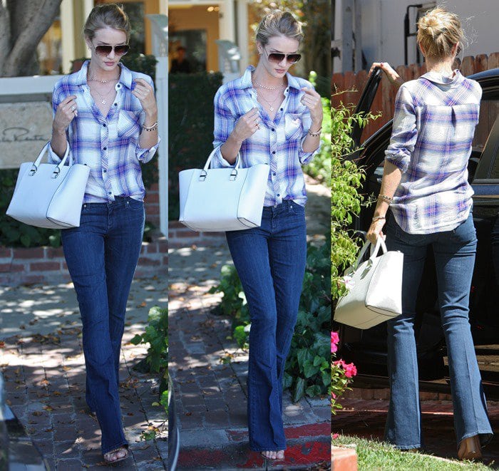 Rosie Huntington-Whiteley was spotted shopping in Los Angeles on August 5, 2014, in a casual-chic ensemble featuring a Rails Hunter plaid button-down shirt, Frame Denim jeans, accessorized with Anita Ko jewelry, Tom Ford aviator sunglasses, Chloe sandals, and Victoria Beckham tote