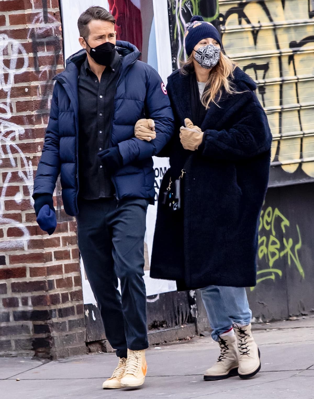 Blake Lively in a Max Mara double-breasted teddy coat, Rag & Bone Sloane boots, and DL1961 Emilie jeans on a date with her husband Ryan Reynolds