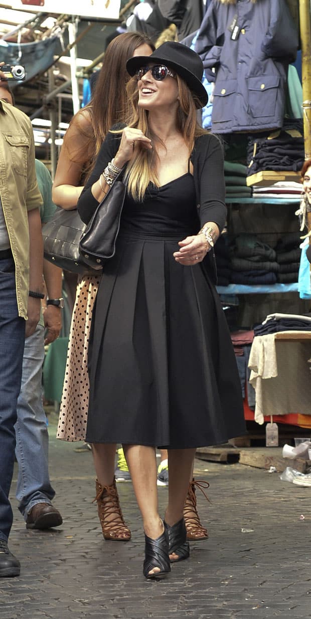 Sarah Jessica Parker styled a Blaque Label full silky skirt with black SJP by Sarah Jessica Parker ‘Alyssa’ peep-toe booties