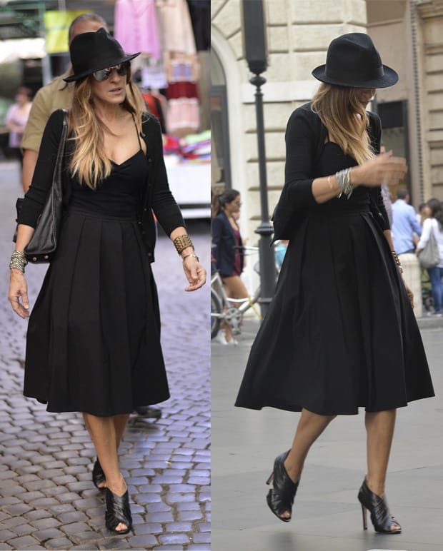 Sarah Jessica Parker shops for second-hand clothes in a statement fedora hat
