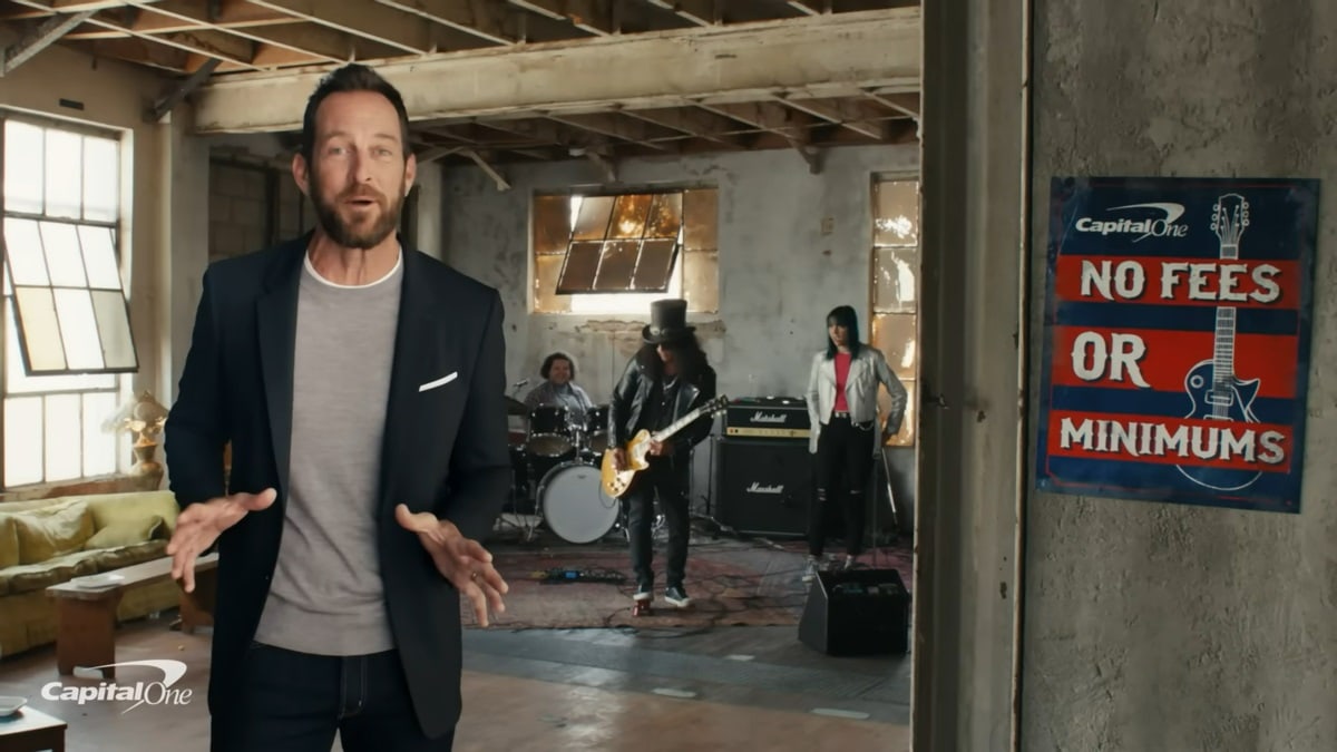 The Capital One commercial features Slash impressively playing "Sweet Child O' Mine" for a stunned group of young musicians auditioning for a guitarist
