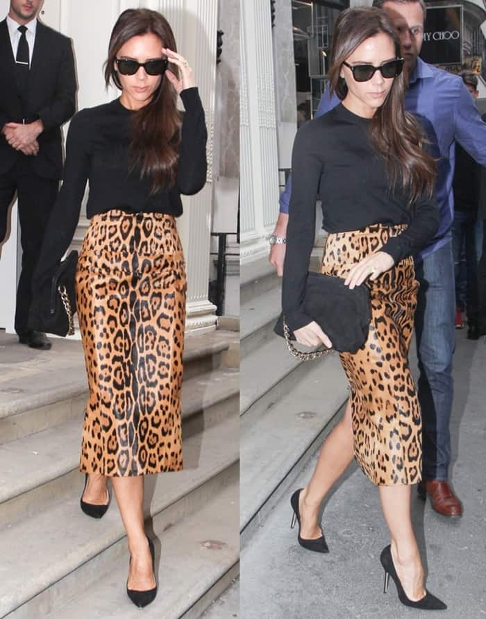 Victoria Beckham effortlessly styles a Balmain leopard-print pencil skirt with a black top and black pointed-toe pumps