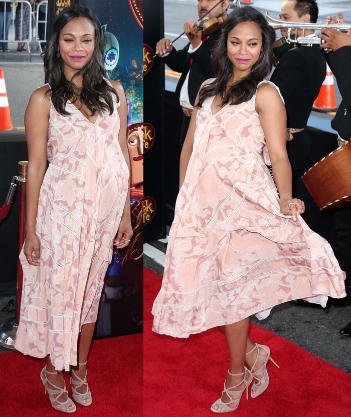 Zoe Saldaña in a feminine printed dress from the Altuzarra Spring 2015 collection