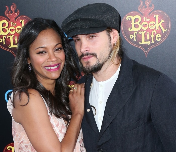 Zoe Saldaña and Marco Perego at the premiere of The Book of Life held at the Regal Cinemas L.A. Live in Los Angeles on October 12, 2014