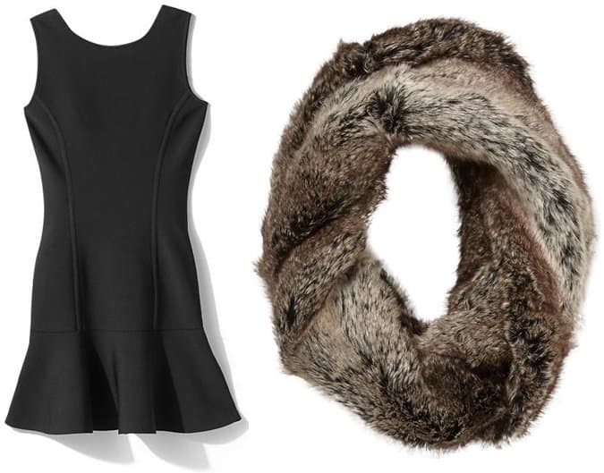 BCBGMaxAzria Padma Dress, $298 / Tinley Road Faux Fur Infinity Scarf, $75