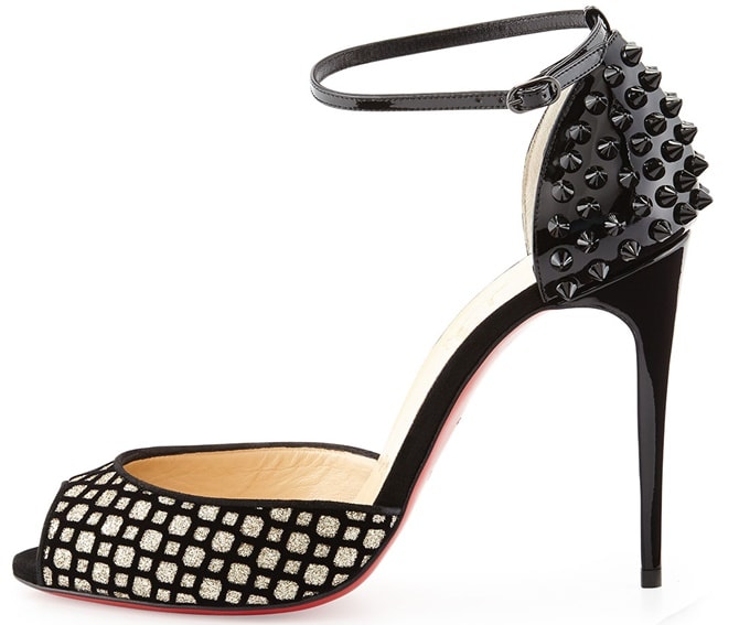 Christian Louboutin 'Pina Spike' D'Orsay Ankle-Strap Sandals in Black Glitter