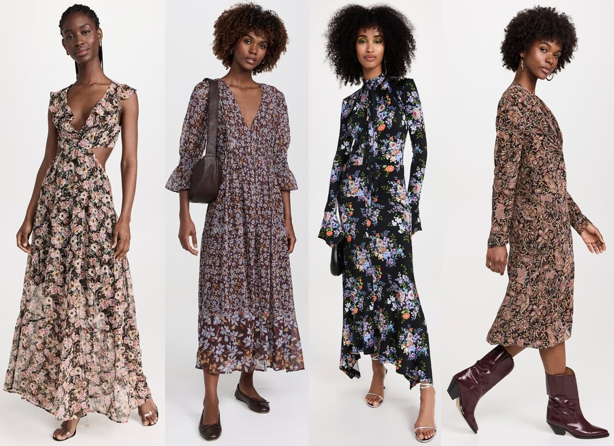 Four women modeling stylish fall floral dresses, including a cutout maxi, a flowy V-neck midi with bell sleeves, a black floral dress with a bow neckline, and a paisley floral midi paired with burgundy boots