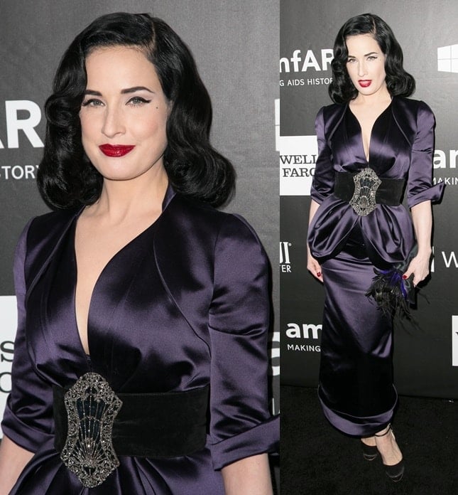 Dita Von Teese covering up at the 2014 amfAR Gala held at the Four Seasons Hotel in Beverly Hills on October 29, 2014