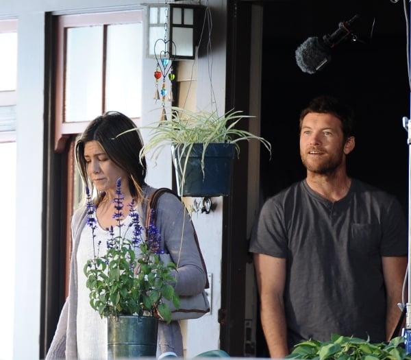 Jennifer Aniston shooting tense scenes with Sam Worthington for the 2014 American drama film Cake