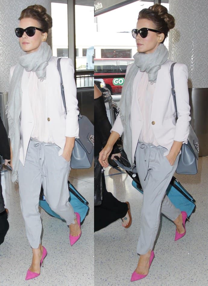 Kate Beckinsale looks immaculate in her pastel-on-gray ensemble