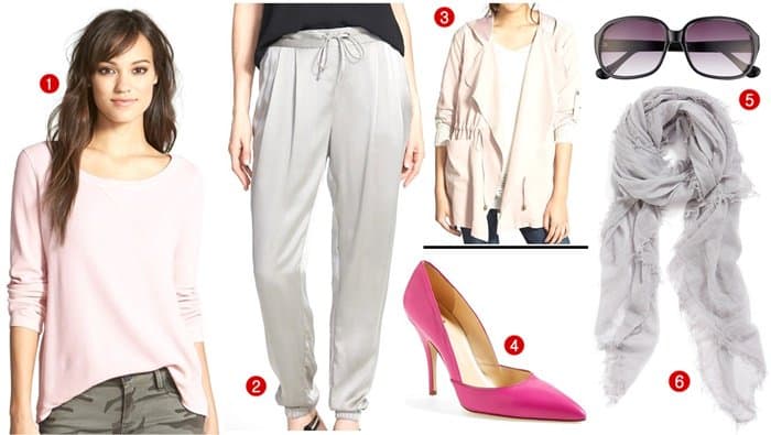 1. Splendid Thermal Pullover, $88 / 2. Eileen Fisher Silk Charmeuse Drawstring Pants, $248 / 3. PPLA Shawl Hooded Anorak, $64 / 4. Kate Spade Lottie Pumps, $328 / 5. Ivanka Trump Sunglasses $58 / 6. Halogen Crinkled Cashmere Wrap, $148